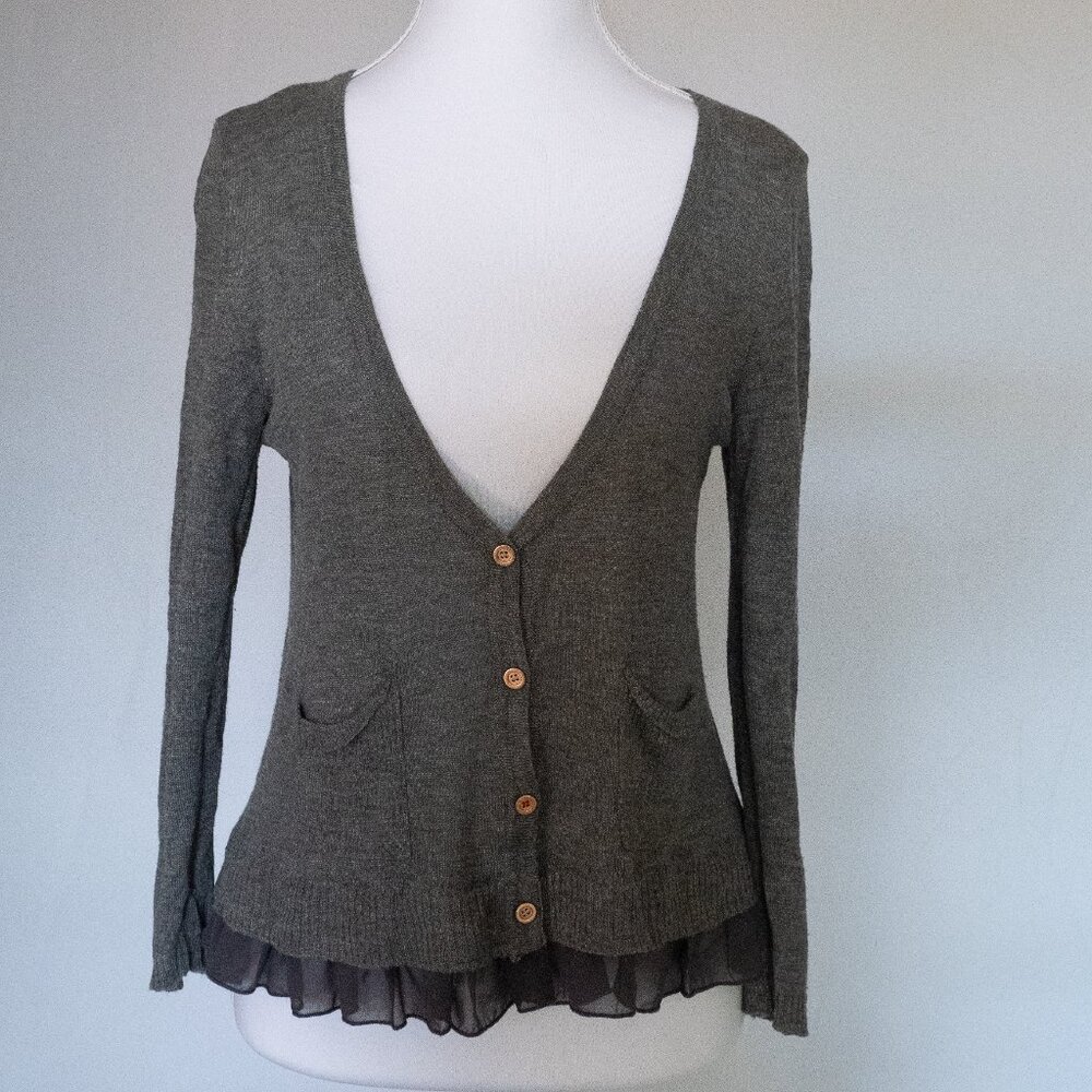 Elegant Gray Cardigan with Ruffle Hem
